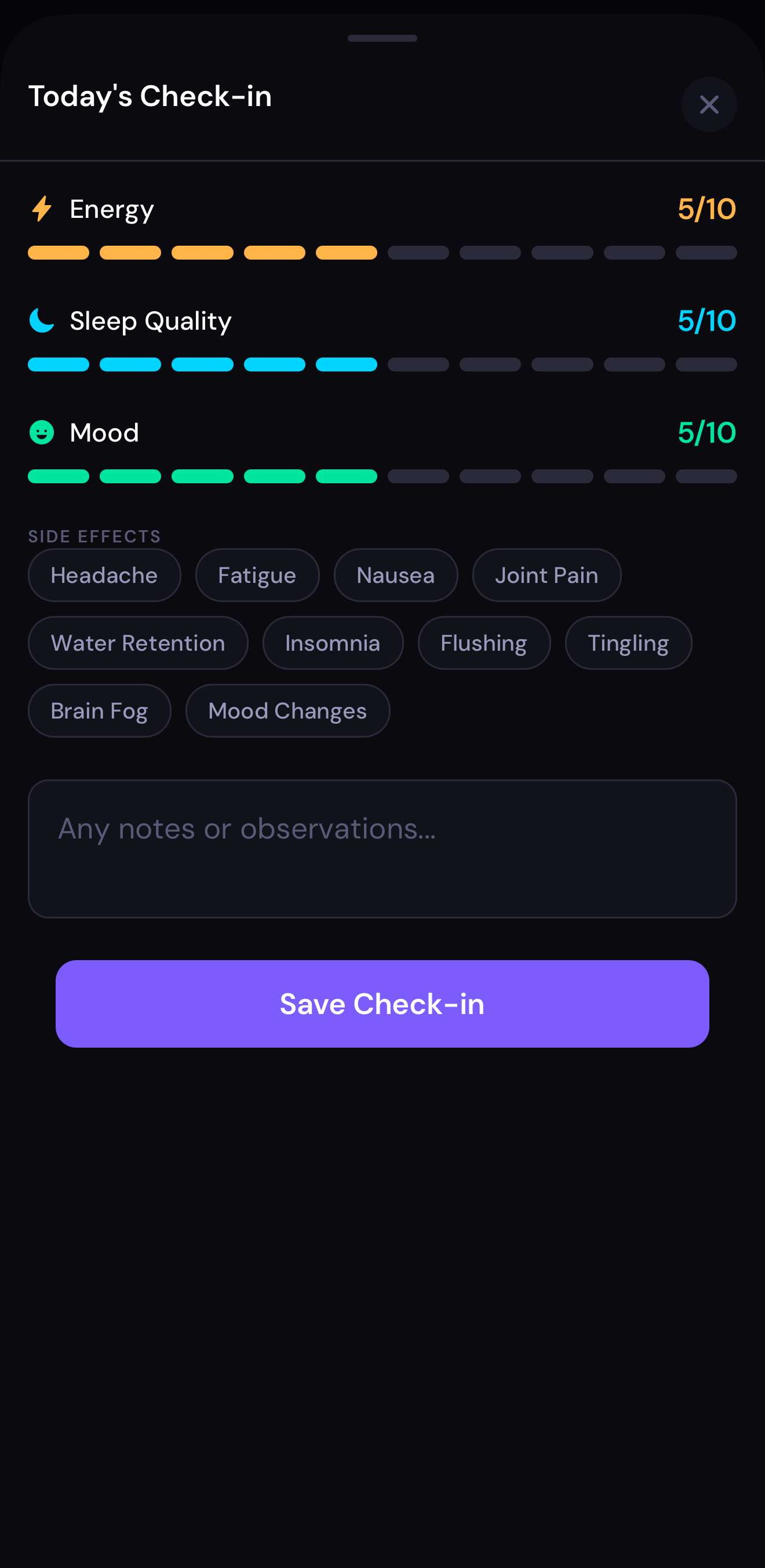 Helix daily check-in screen tracking energy, sleep quality, mood, and side effects