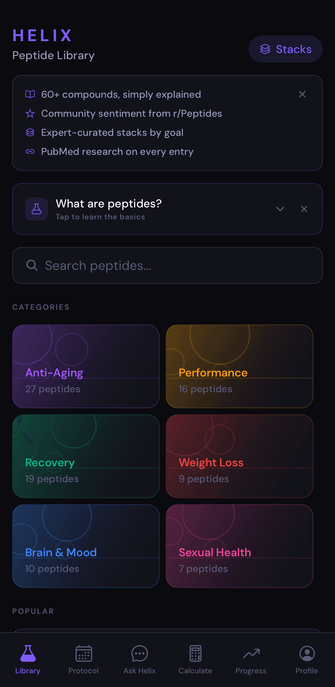 Helix compound library browsing BPC-157 and peptide categories