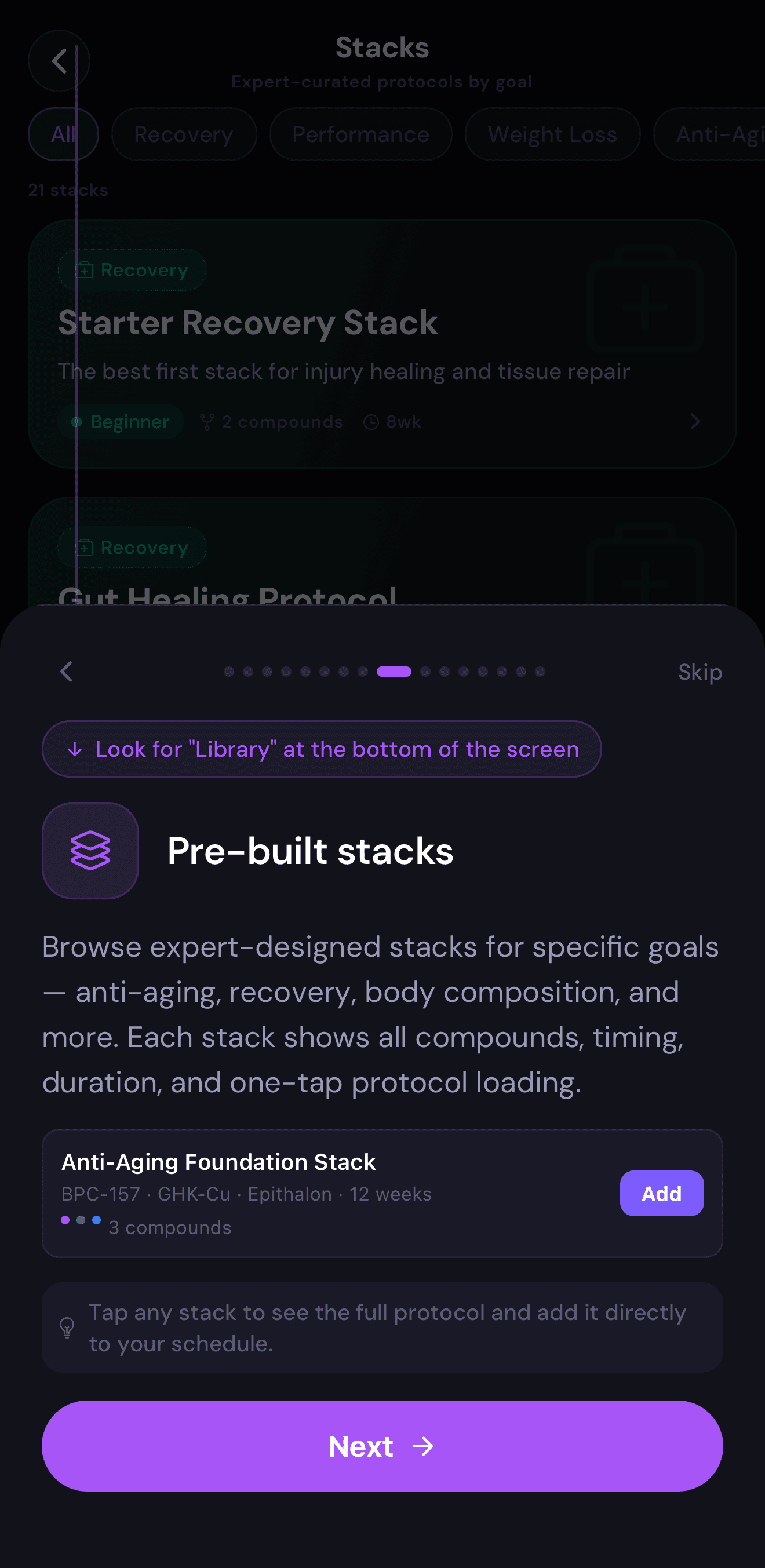 Helix app showing curated peptide stacks organized by goal — anti-aging, performance, recovery