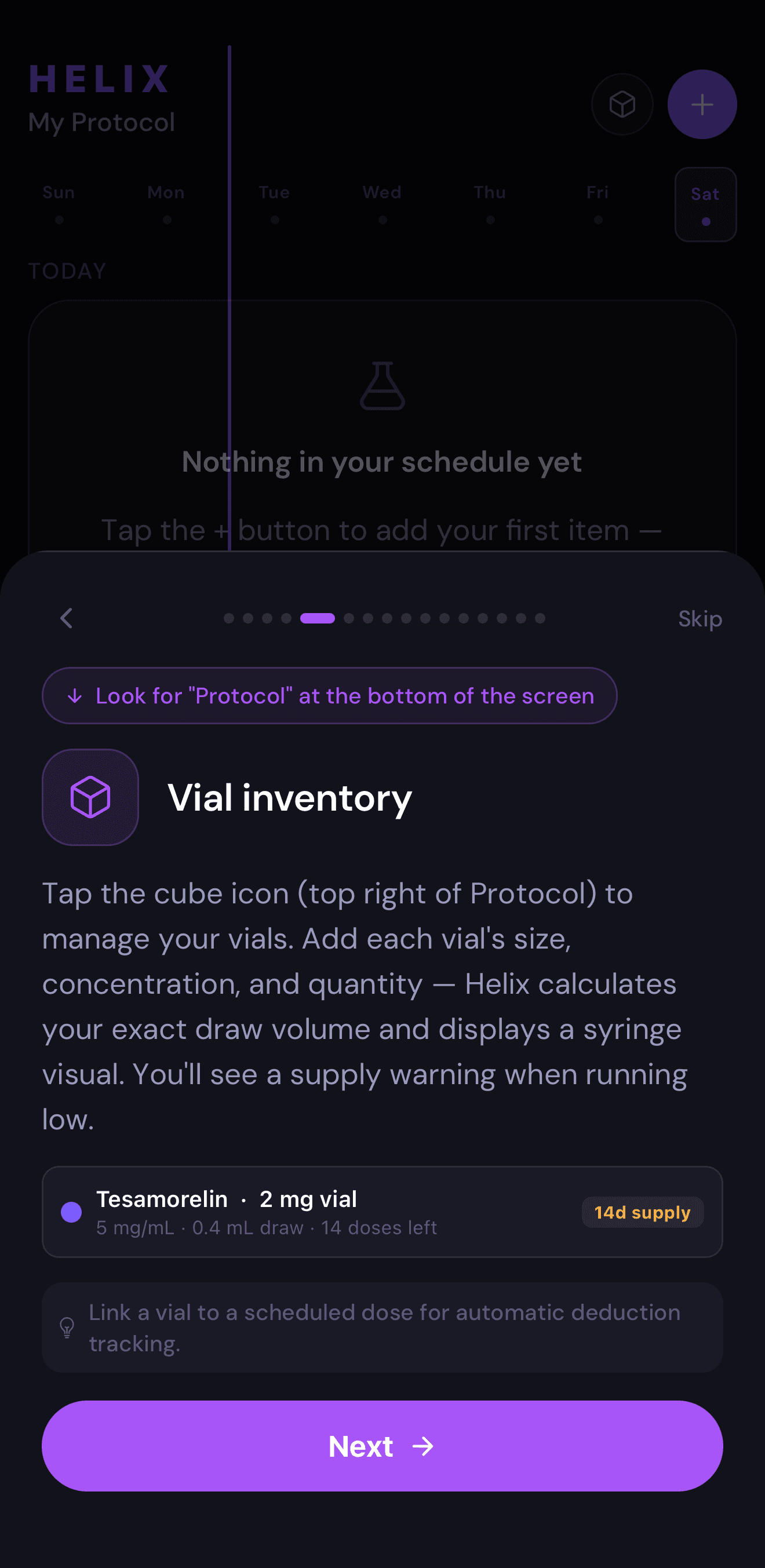 Helix vial inventory tracker with auto-depletion and remaining doses display